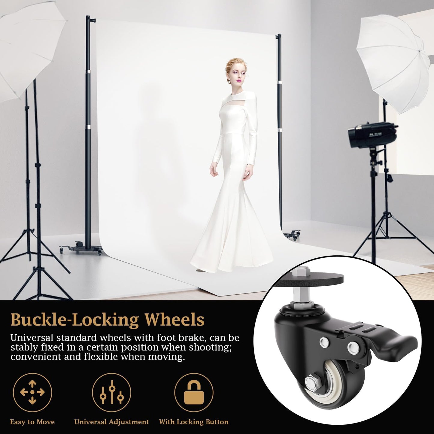 EMART Pipe and Drape Backdrop Stand Kit, Heavy Duty Adjustable Photo Background 10ftx10ft with Wheels, Metal Frame with Flat Base for Photography Wedding Birthday Party Decorations-Black