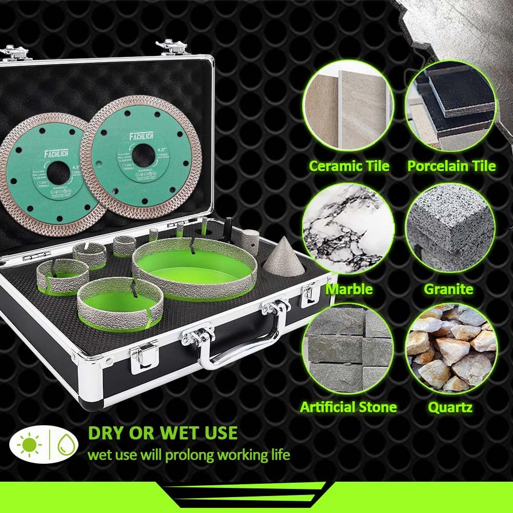 FACHLICH Tile Hole Saw Kit Diamond - (6/8/10/25/35/50/75/127mm Drill Bits+Finger Bit+Chamfer Bit+Adapter+Tile Blade) Diamond Hole Saw Kit for Porcelain Ceramic Marble Brick Granite,5/8"-11 Thread