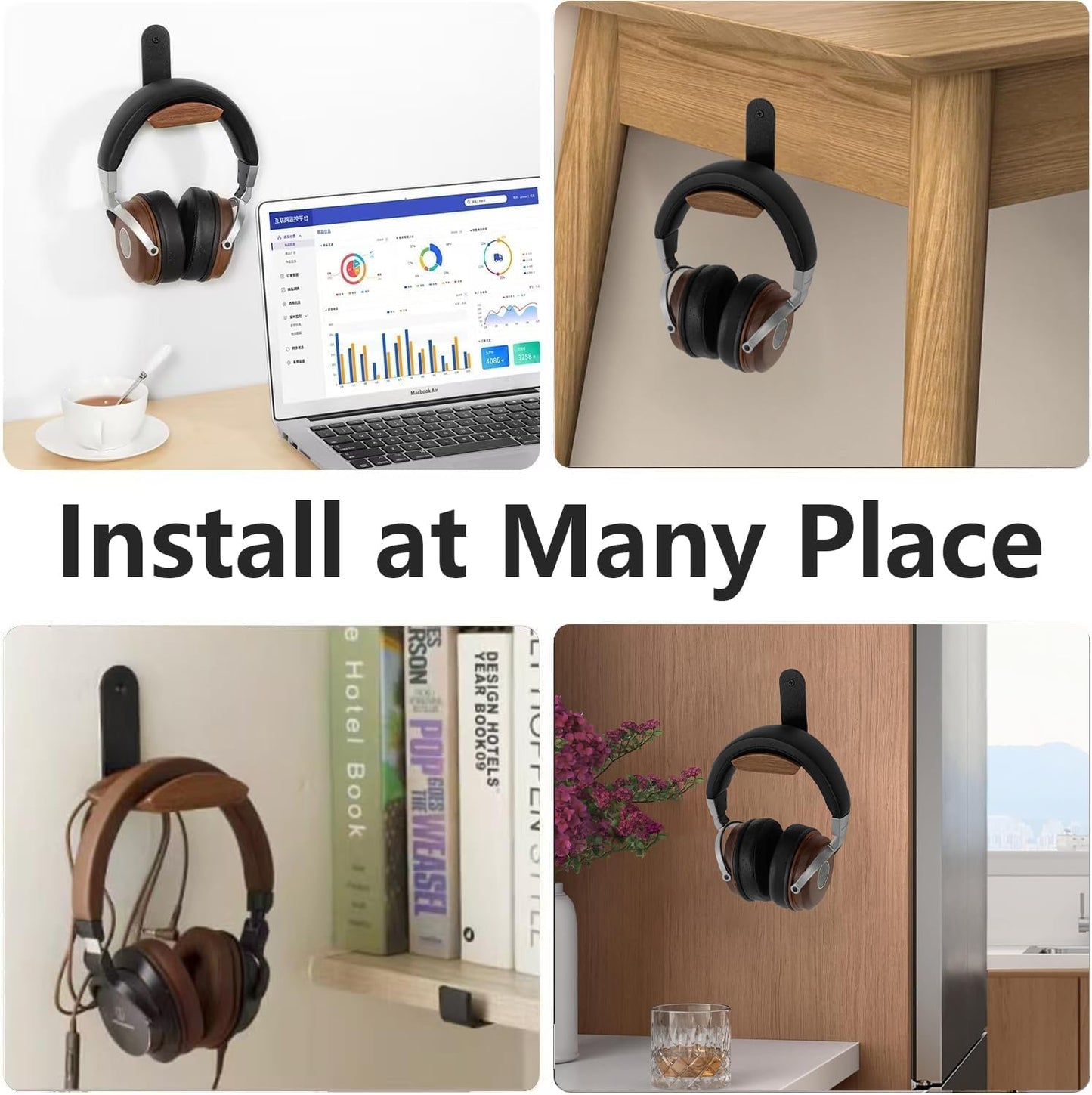 Jcurycke Headset 6cm Holder with Wide Walnut Headrest,Headphone Wall Mount Holder with Adhesive Tape and Screw