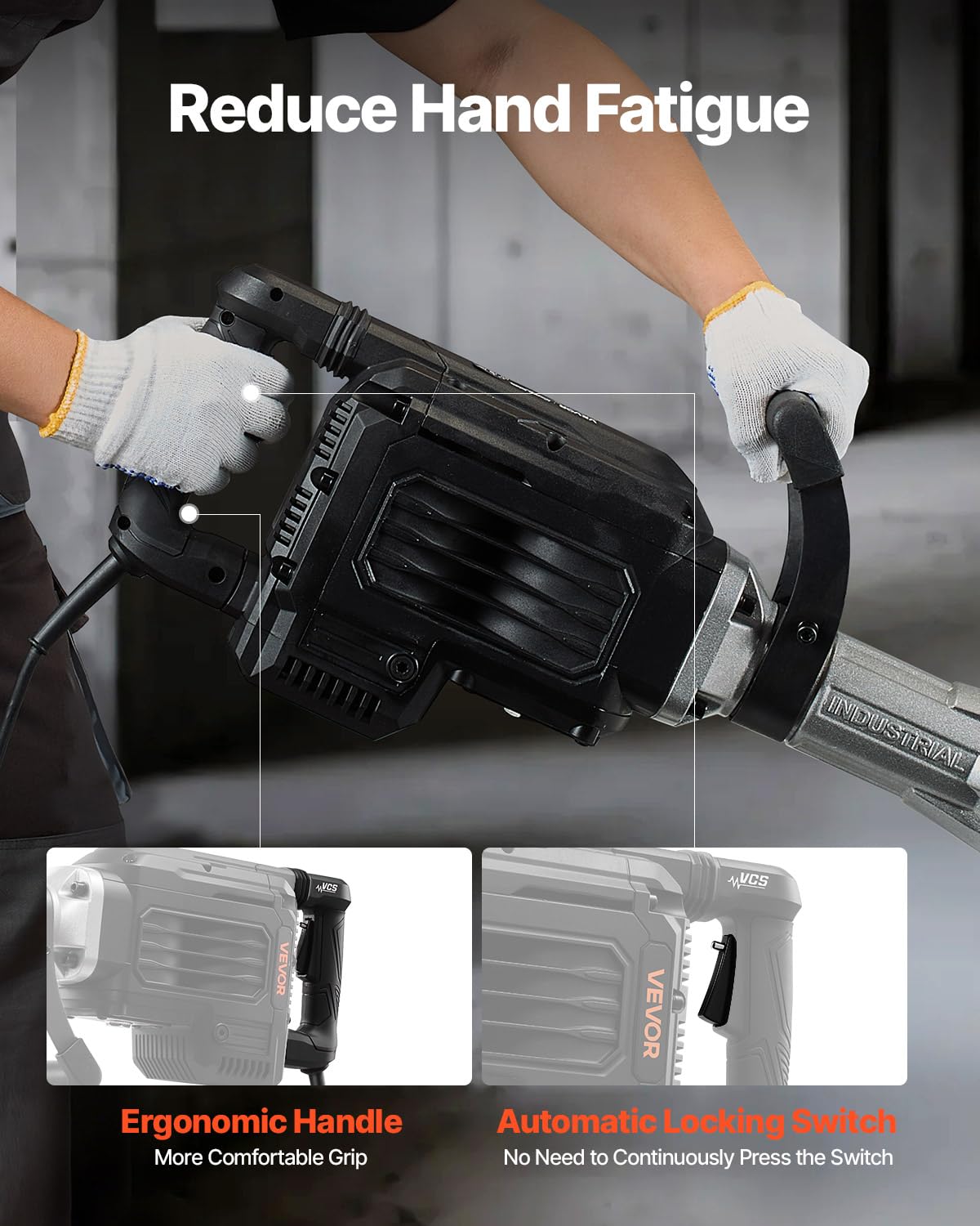 VEVOR Demolition Jack Hammer, 3000 W Powerful Electric Jackhammer, 1700 BPM Concrete Breaker with a Point Chisel, Carrying Case, Gloves, Goggles, for Concrete, Wall, Brick, Tile and Foundation
