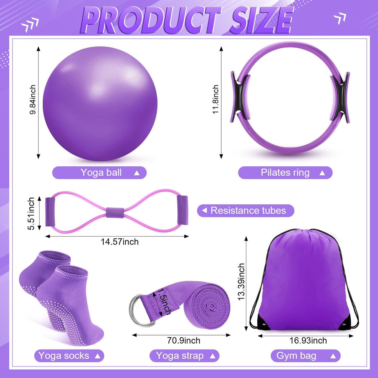 Poen 18 Pcs Home Pilates Ball and Ring Circle Set Yoga Fitness Essentials Kit with 5 Resistance Band Stretching Strap Non Slip Sock Ball Core Slider Wristband Headband Gym Bag for Women(Purple)