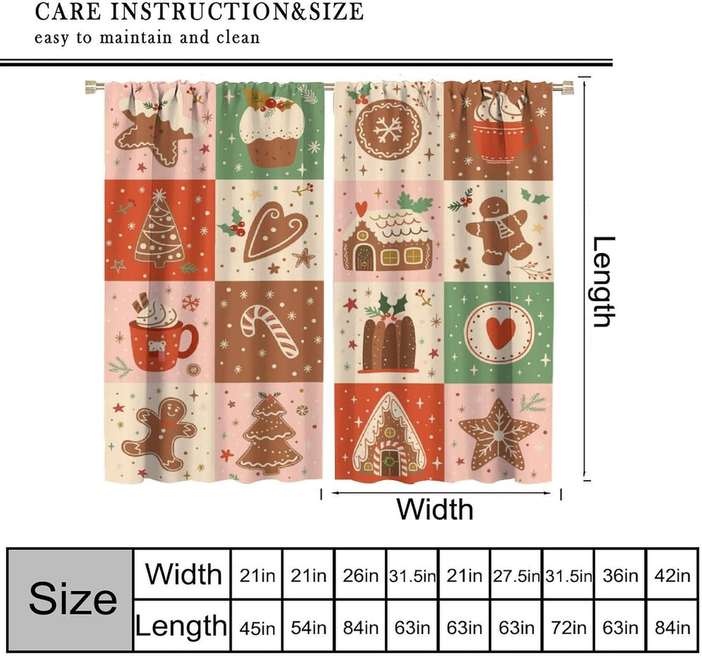 Regine Switzerland Christmas Patchwork Curtains - Hand-Drawn Gingerbread House Design | Winter Holiday Drapes (W20xL45 Inch) - Set of 2