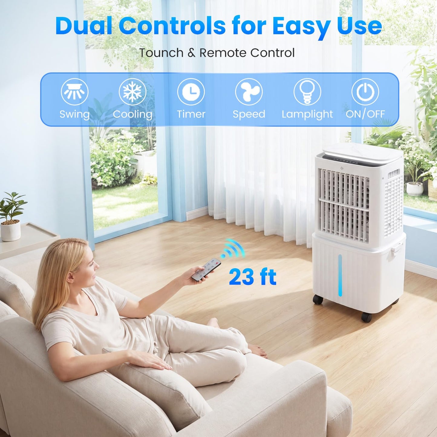 Auertech 6.8 Gal Swamp Cooler, 2500CFM Evaporative Air Cooler with Light & Detachable Tank, Portable Cooling Fan, 4-IN-1 AC Unit, Windowless Air Conditioners for Bedroom Apartment Garage