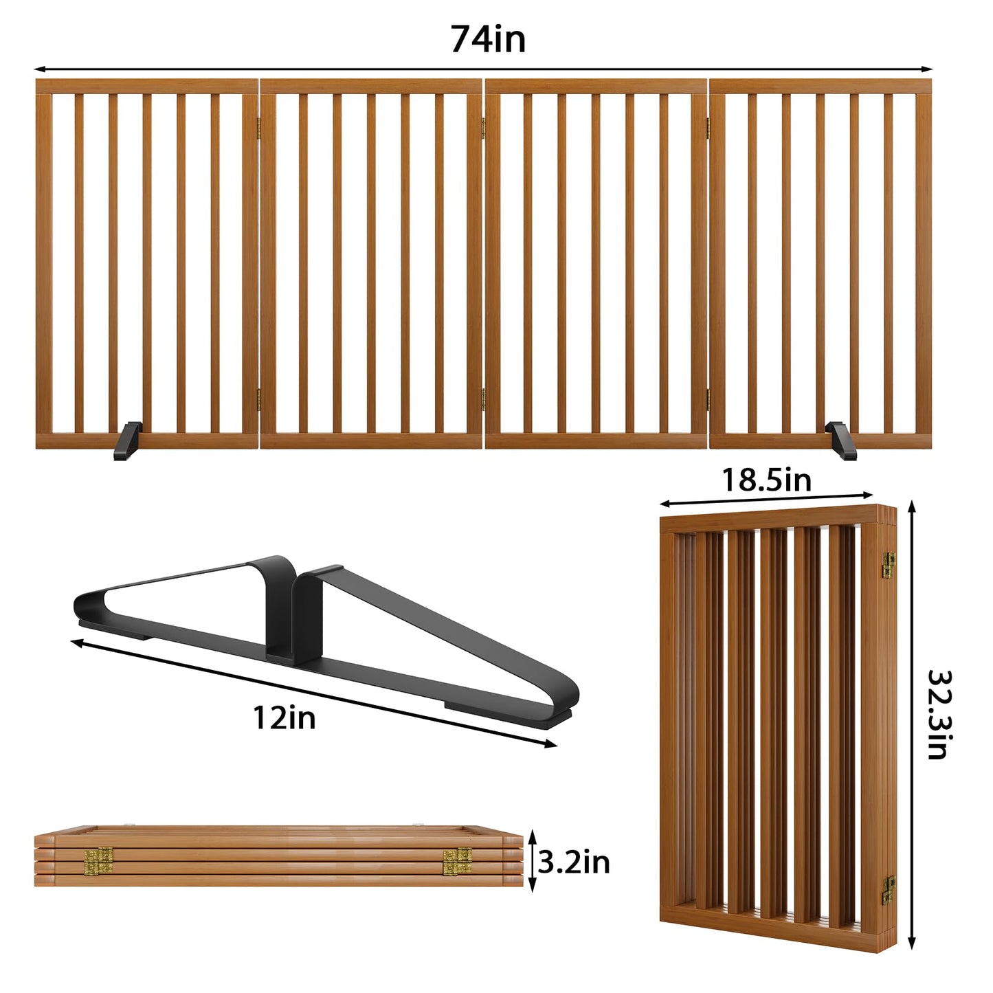 Mino Kesper Dog Gate 32" Tall Foldable Dog Gate for Doorways Freestanding Pet Gate for Dogs Indoor (Walnut, 4 Panel)