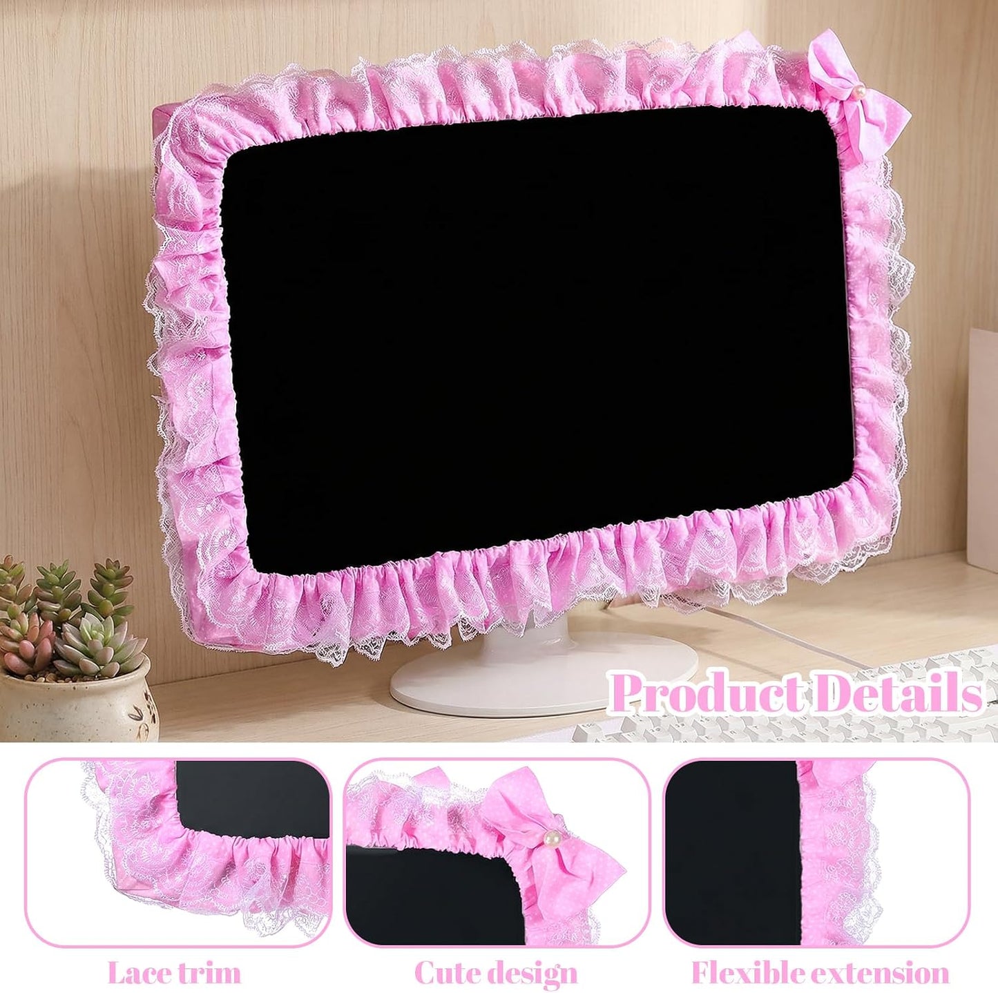 Macuezu 22"-28" Cute Monitor Cover, Lovely Computer Monitors Covers with Bow-Knot, Pink Computer Monitor Decor, Dust