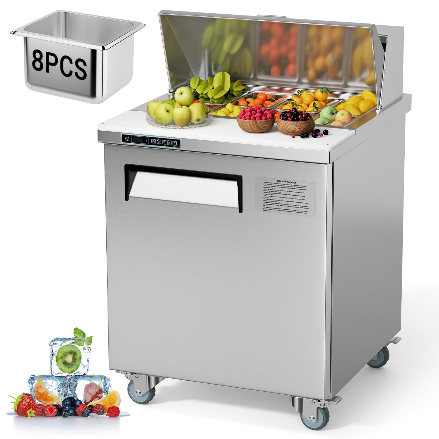 GarveeHome Commercial Refrigerator, 28" Undercounter Worktop Refrigerator,7.4 cu. ft W Single Door Thick Stainless Steel Refrigerator Sandwich Salad Prep Station Cooling with Cutting Board and 8 Pans