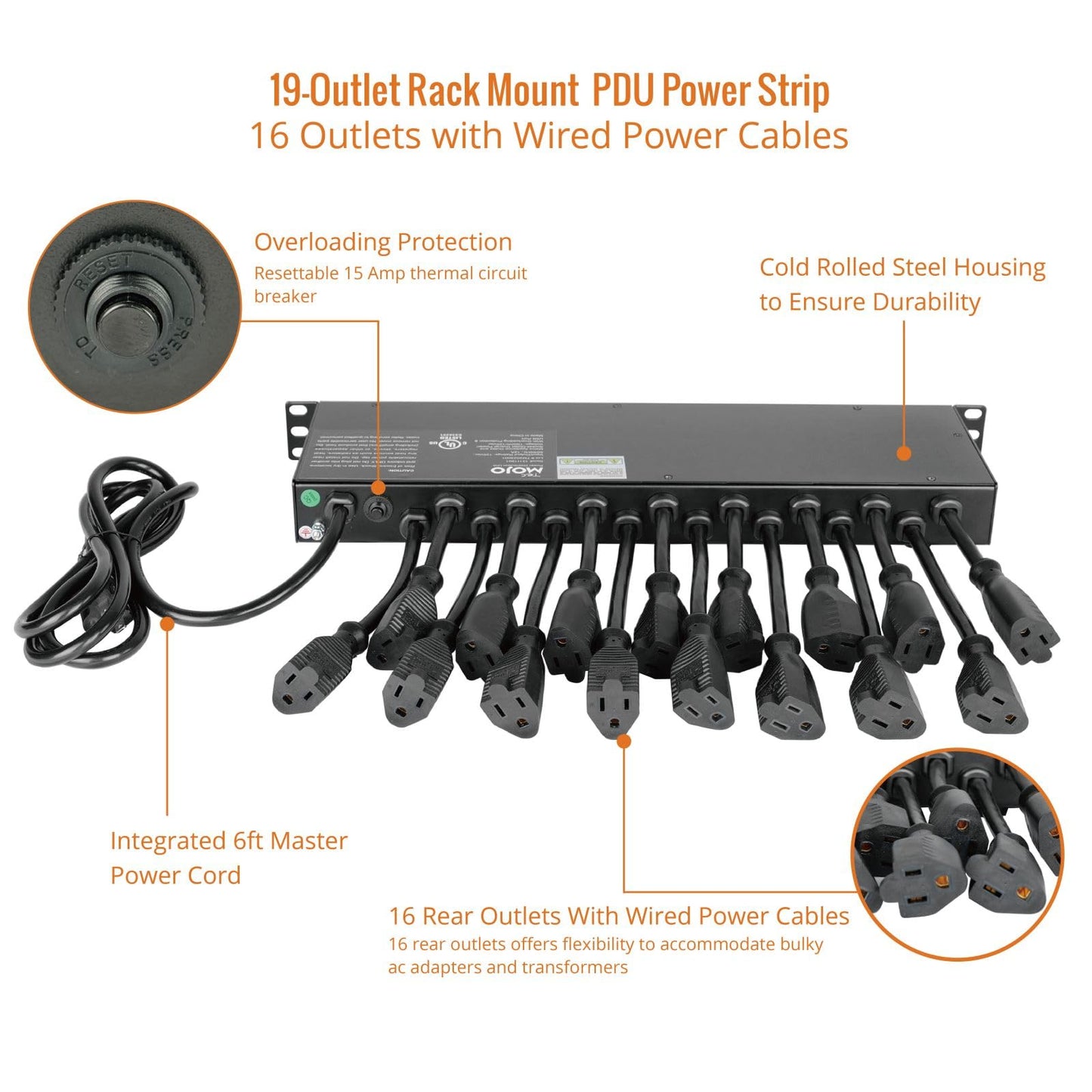 Tecmojo 1U Rack Mount 19 Outlet PDU Power Distribution Unit Power Strip Circuit Breaker fits 19-inch AV/Network/Server Cabinet/Closet/Enclosure