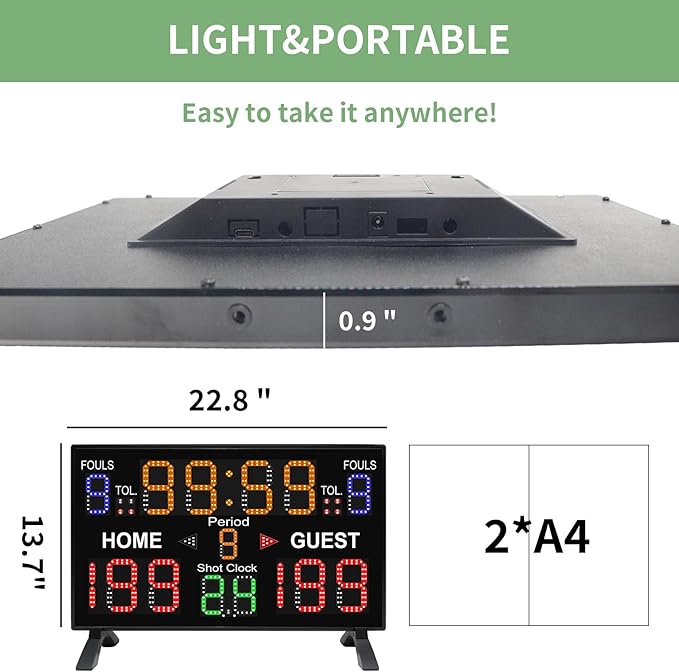 Basketball Digital Scoreboard with Remote,Battery Powered Portable Tabletop Electronic Scoreboard with 75dB Buzzer,Countdown Timer & Score for Games