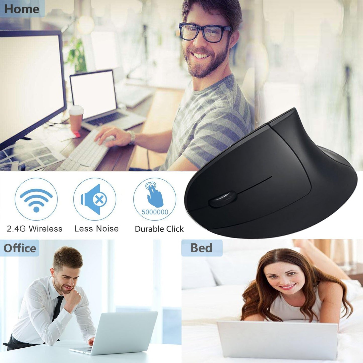 Lekvey 2.4 Left Handed Mouse, Wireless GHz USB Lefty Left Hand Ergonomic Vertical Mouse, Less Noise - Black