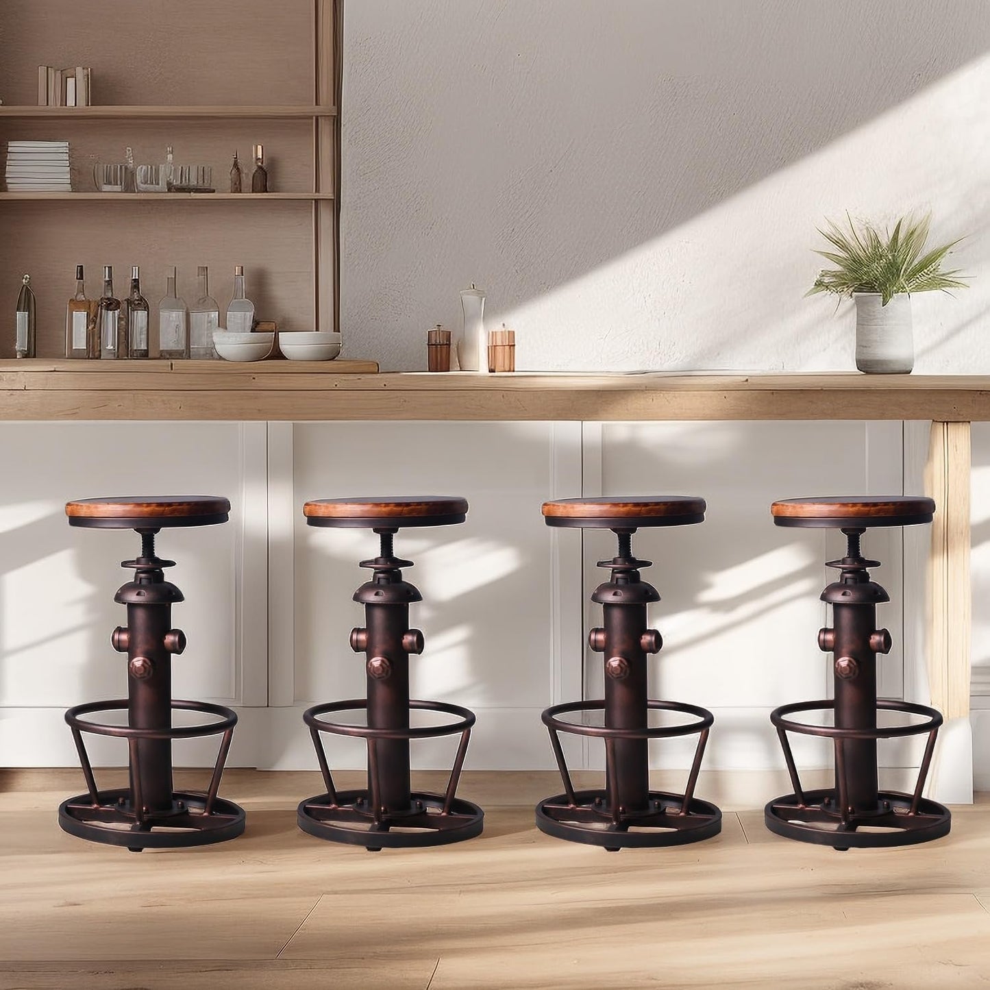 BOKKOLIK Vintage Swivel Bar Stool Industrial Coffee Kitchen Dining Chair Fire Hydrant Design Height Adjustable 24.8-30.7inch Solid Wooden Seat