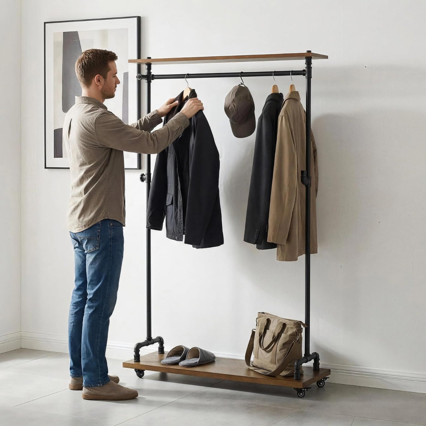 DOFURNILIM Industrial Pipe Clothing Racks, Rolling Garment Racks, Hall Tree on Lockable Wheels with Shelves and Shoes Storage, Heavy Duty Clothes Rack (Free Standing)