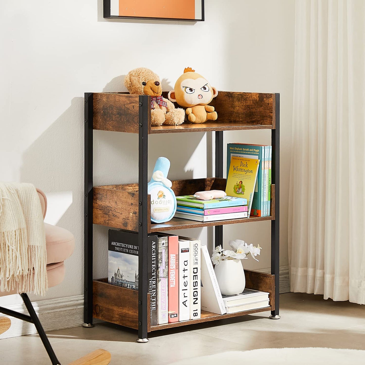 VECELO Bookshelf,Small Bookcase,3-Tier Storage Organizer,Industrial Shelving Unit for Home Office,Living Room,Dormitory,30" H,Retro Brown