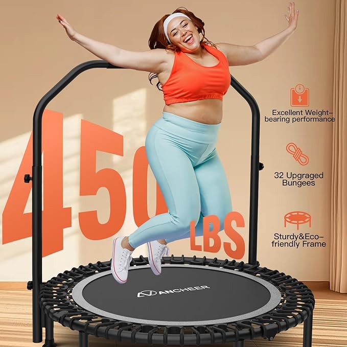 Bungee Rebounder Trampoline,ANCHEER 40" Foldable Fitness Trampoline with 4-Level Adjustable Handlebar, 450LBS Capacity, Resistance Ropes&Upgraded Bungees Safe for Home/Cardio,Workout Indoor/Outdoor