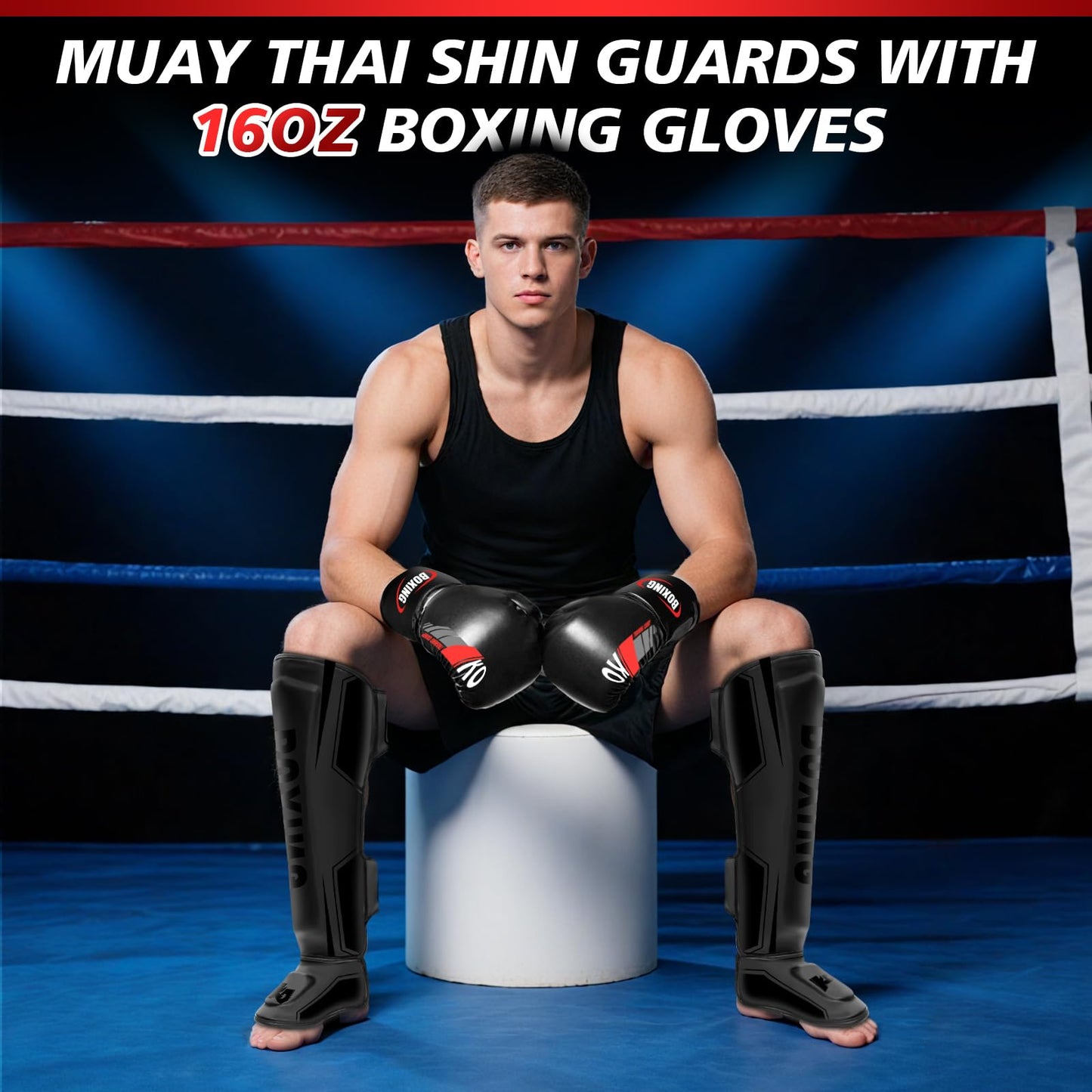 Kickboxing Shin Guards Muay Thai Shin Pads with 16 OZ Boxing Gloves, Adjustable Leg Guards with Instep Protection Shinguards with Workout Gloves Martial Arts Training Equipment for MMA Training(M)