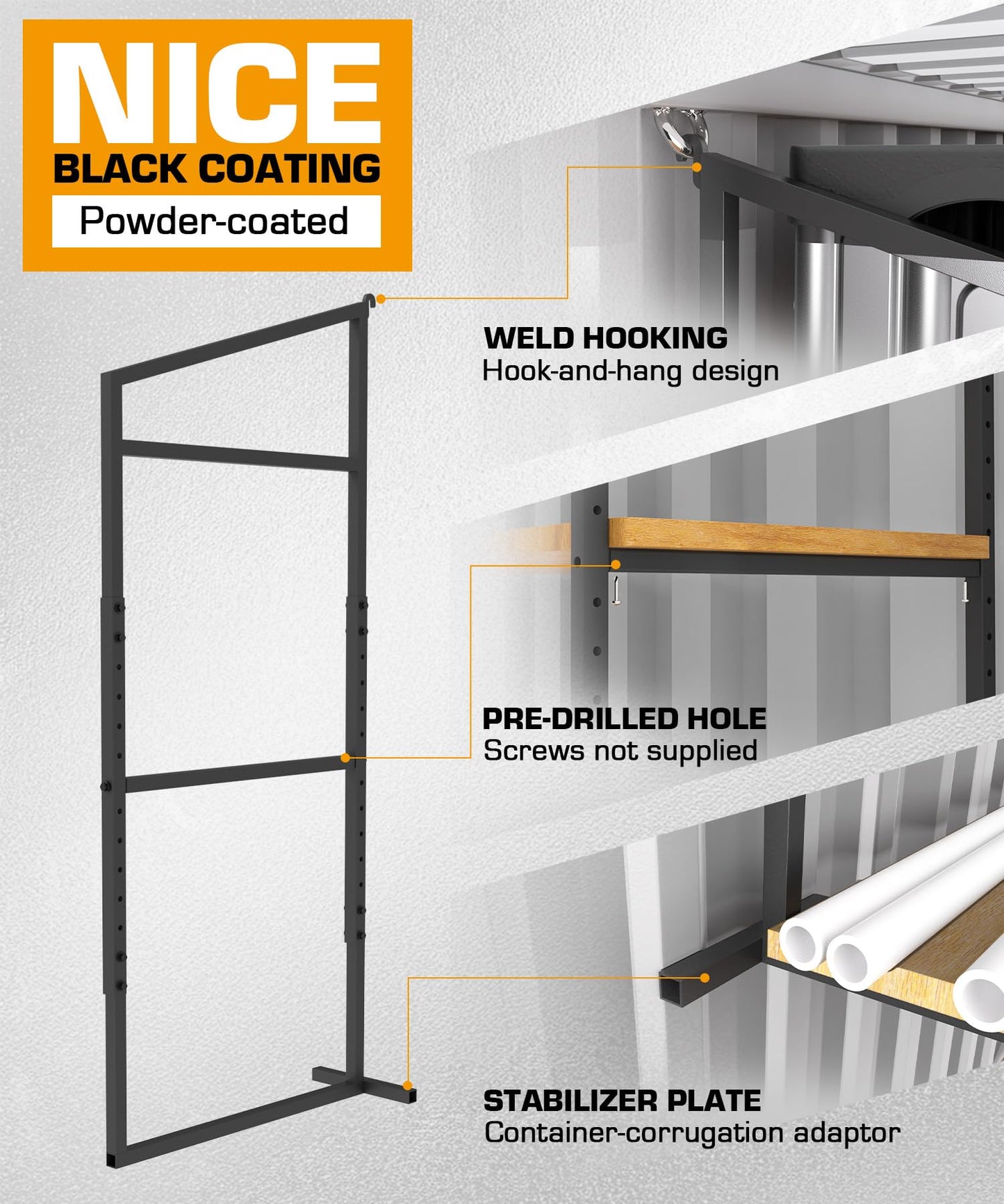 Autoholic Shipping Container Shelving Rack Steel Container Hanging Shelf Bracket Height Adjustable Fit for 12in 24in Lumber Black Efficient Storage Space No-Drill Installation