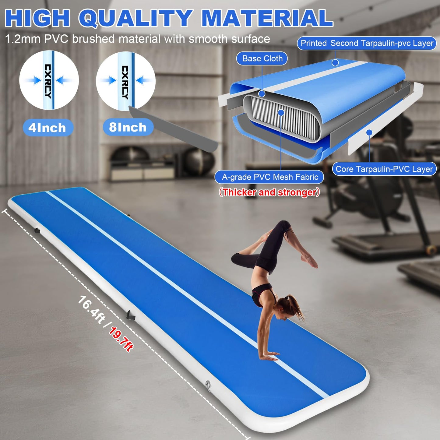 20ft/16ft Extra Large Gymnastics Training Mats Inflatable Air Gymnastics Mat 4/8 inches Thickness Inflatable Floor Mats for Home Use/Training/Cheerleading/Yoga/Water with Electric Pump (16ft*3.3ft*4in(5*1*0.1m))