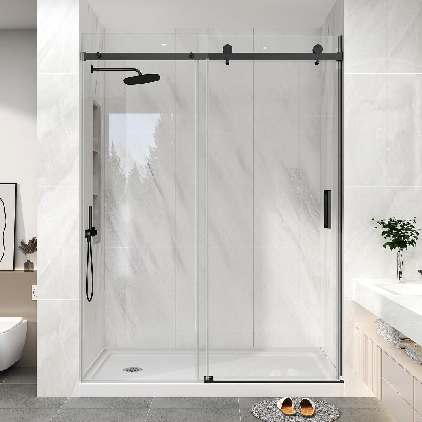 KPUY Frameless Shower Door, 43-48" W x 76" H Sliding Glass Shower Door, 1/4" (6mm) Thick Tempered Clear Glass with Explosion-Proof Film Nano Coating in Matte Black Finish