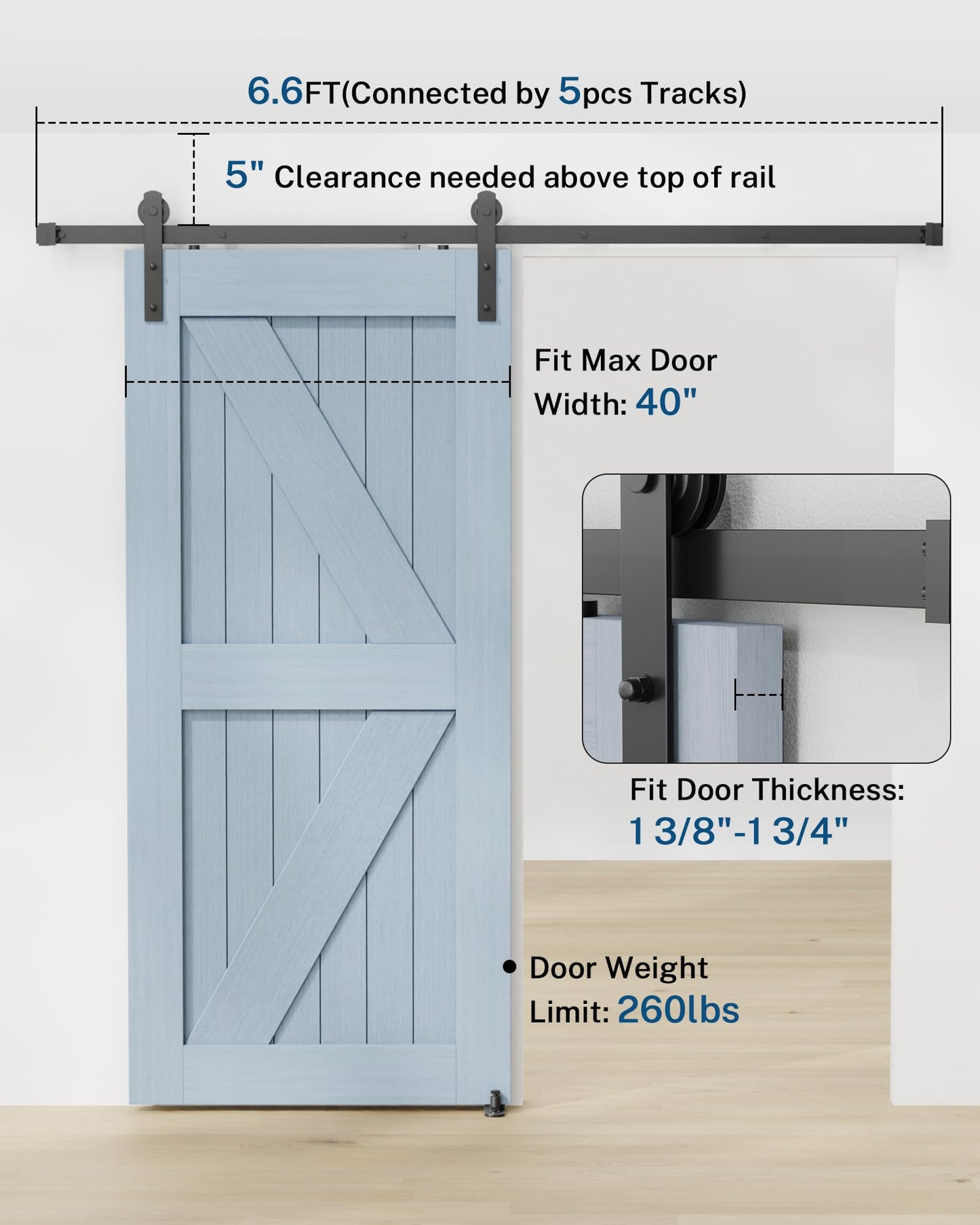 Titeck Barn Door Hardware Kit -6.6FT Sliding Door Hardware with Adjustable Floor Guide, 2 Handles and Latch -Fit 36''-40'' Wide Panel, I Shape Hanger, Black