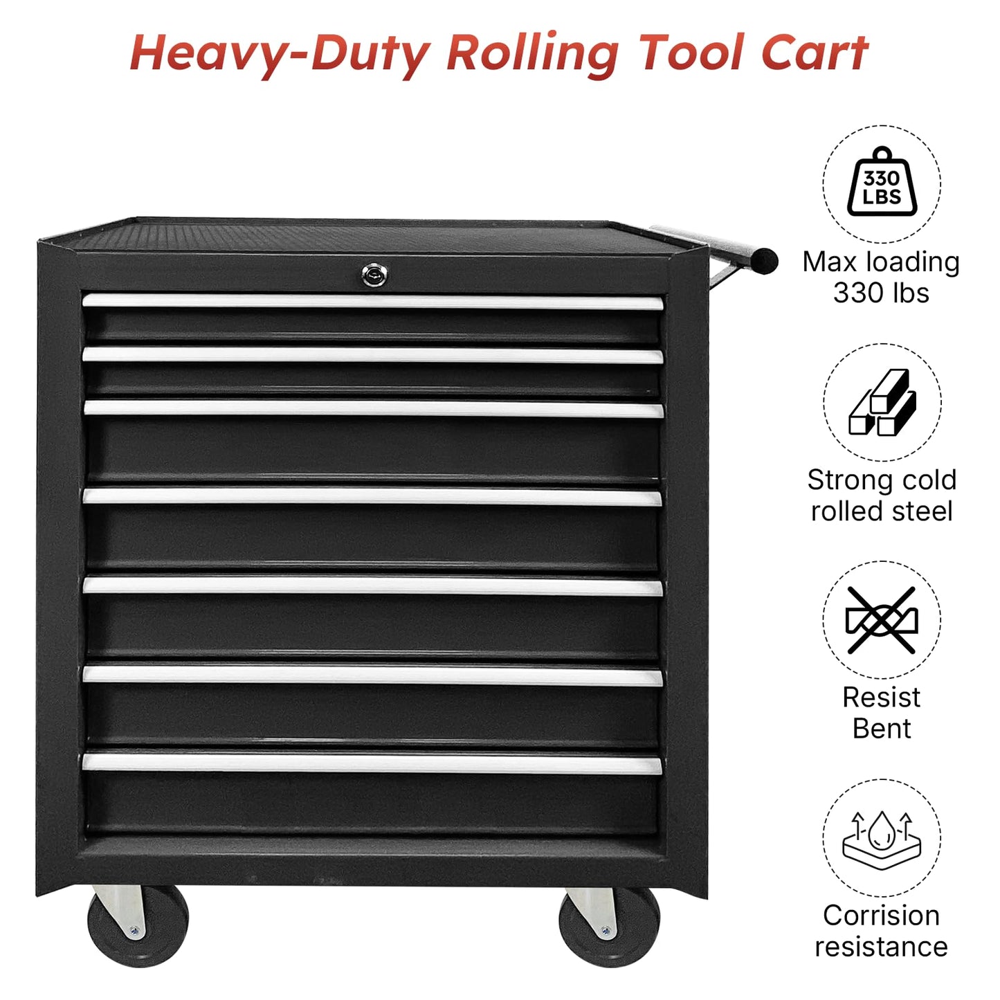 Rovibek 7-Drawer Rolling Tool Chest, Metal Rolling Tool Box with Lockable Drawers, High Capacity Tool Storage Cabinet for Garage, Workshop, Warehouse, Mechanics, Repair Shop (Black)