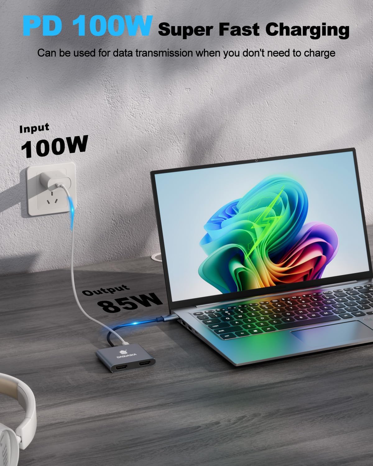 Daguaika 4K@60Hz, 4-in-1 100W USB C to Dual HDMI Adapter HDMI Splitter for Dual Monitors, PD Charging, USB A Port