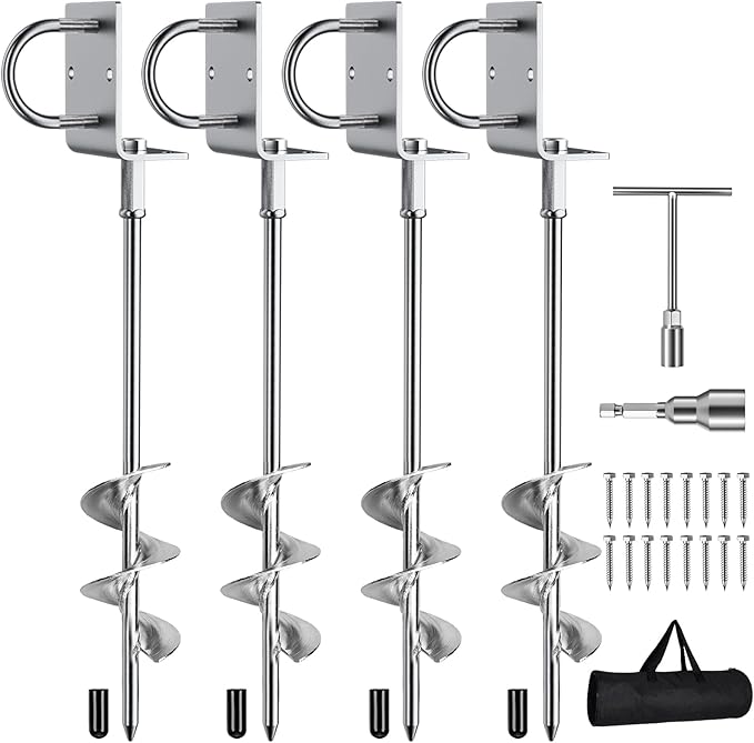 Phopich Multi-Purpose Ground Anchors Screw in, Fully Welded Heavy Duty Trampoline Stakes with Brackets, T-Wrench and Adapter for Drill, Earth Anchor kit for Mobile Home, Trampoline, Shed