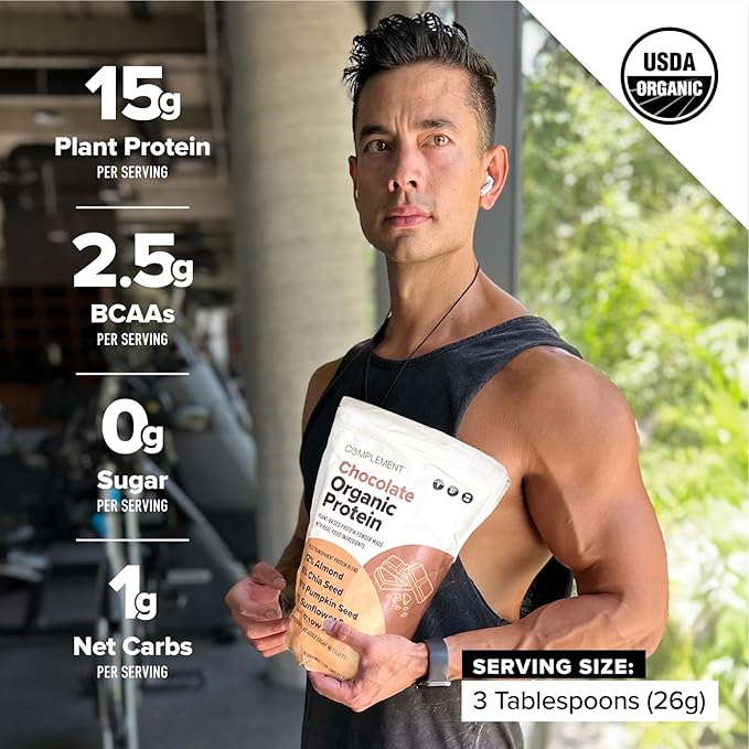 Complement Organic Chocolate Vegan Protein Powder (30 Servings) Low Carb, Low Calorie, Sugar Free, Soy Free, Non-GMO, Non Dairy - Yellow Pea, Pumpkin Seed - 15g Plant Based Protein Powder