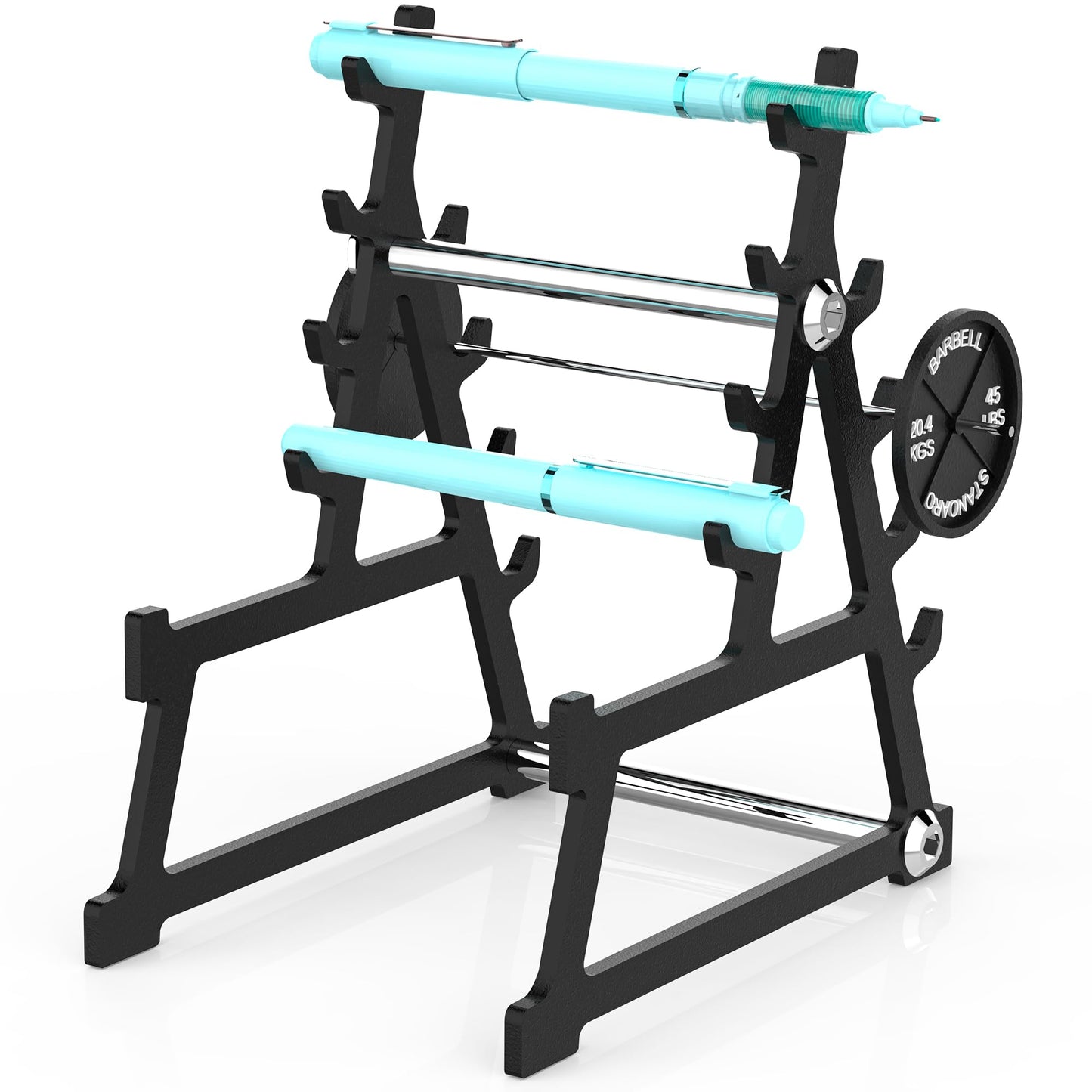 CAREMORA Metal Squat Rack Pen Holder with 8 Slots Mini Metal Barbell & Plastic Weight Blocks Holder Mini Barbell Desk Toy Funny Office Decor for Men Women Cool Pen Holder Gifts for Men (Black)