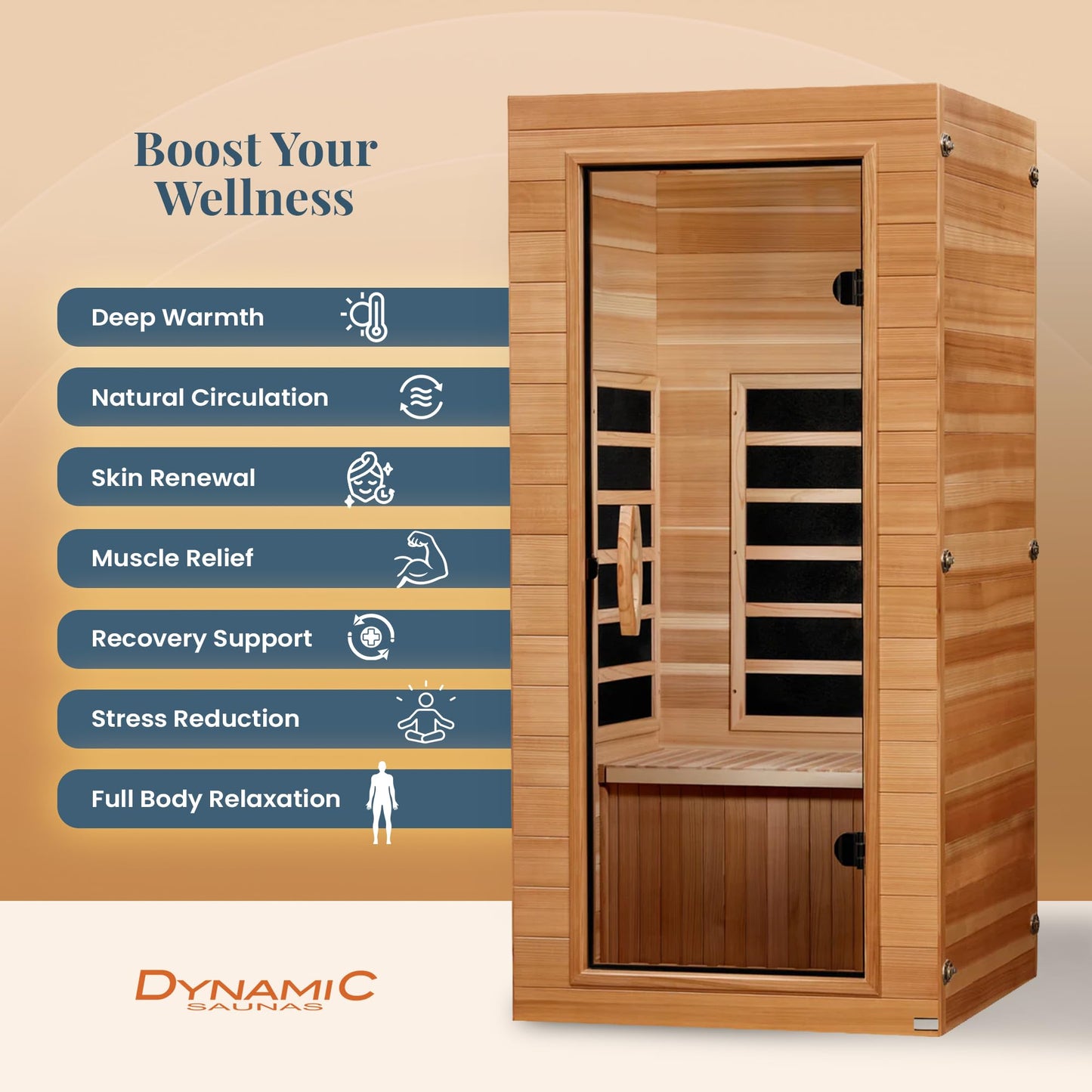 DYNAMIC SAUNAS Elite 1 Person Compact Ultra Low EMF FAR Infrared Sauna with Red Light Therapy & Bluetooth Speakers - Personal Indoor for Home & Gym