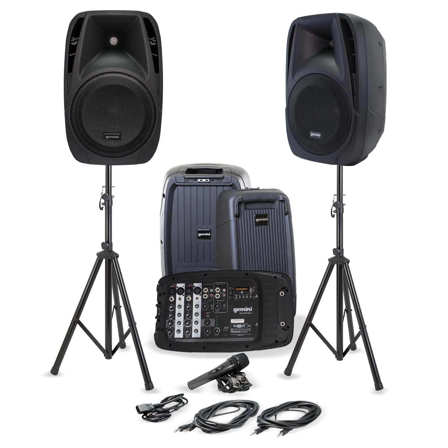 Gemini Portable PA System Bundle with Stands – 6-Channel Powered Mixer, Dual 10" Speakers, Wired Mic & Cables – Bluetooth Music Streaming for DJs, Karaoke & Small Events (ES-210MXBLU-ST)