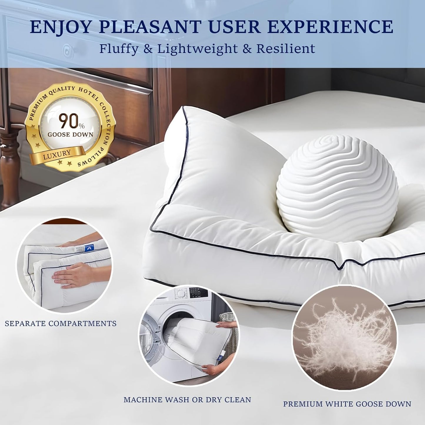 Skiennix Goose Down Pillow - Ergonomic Cervical Neck Pain Relief | Soft Cotton Cover, 16.5x26 Inch