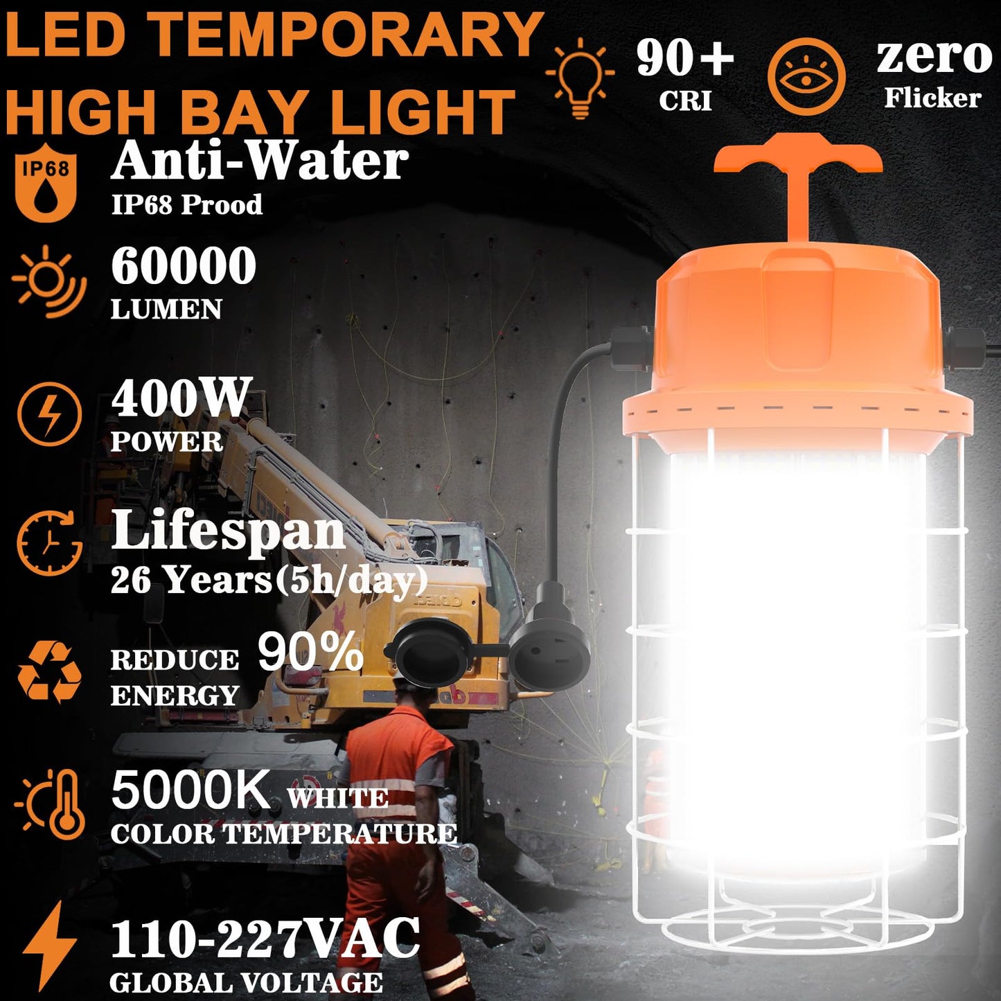 NS LED Temporary Work Light 400W 60000 LM, 5000K Daylight with 16-ft Cord & Hook, Waterproof, Orange - 26-Year Lifespan, 5-Yr Warranty, Chainable up to 20 (1-Pack) Construction JobSite Warehouse