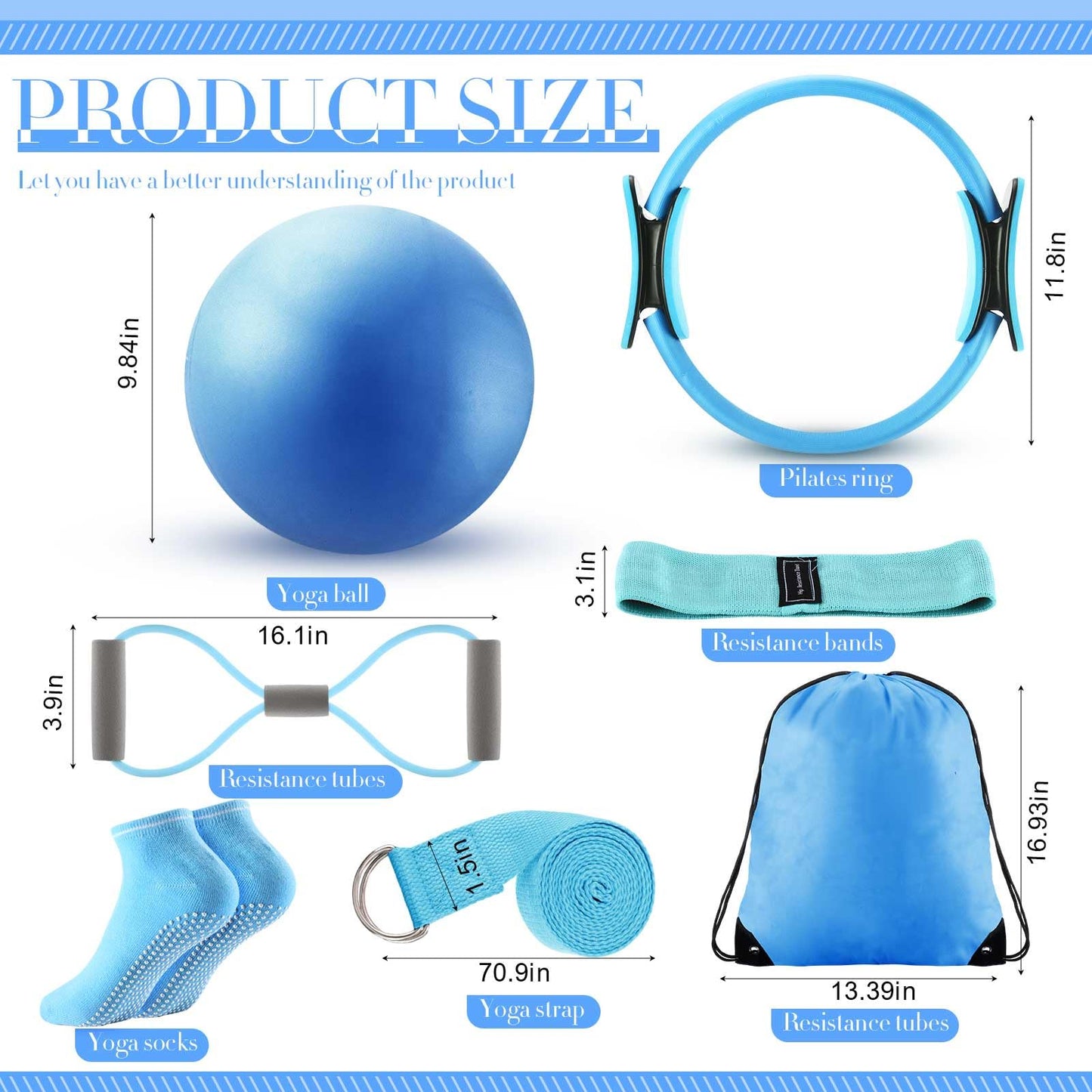 Poen 14 Pcs Pilates Equipment Kit for Home Workout Pilates Ring and Ball Set for Women 12'' Circle Yoga Fitness Essentials Kit with Resistance Bands, Yoga Strap, Socks,Bag (Blue,Gray)