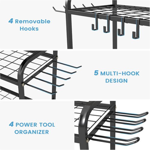 Hadulcet Garden Tool Organizer - Heavy-Duty Metal Rack with Lockable Wheels & Storage Hooks | Black
