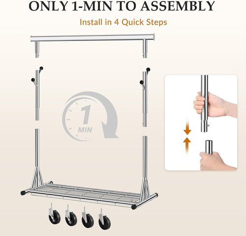 Gewudraw Heavy Duty Clothes Rack - Adjustable Portable Garment Rack with Sturdy Wheels & Shelves | 630 lbs Capacity, Chrome Stainless Steel