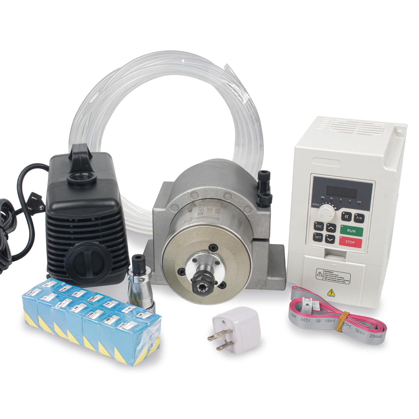 RATTMMOTOR 1.5KW Water Cooled Spindle Kit 80mm Spindle Motor 1500W 110V 400HZ+1.5KW VFD 110V Single to 3 Phase Inverter Variable Frequency Drive+80mm Spindle Mount+ER11 Collet+80W Water Pump for CNC