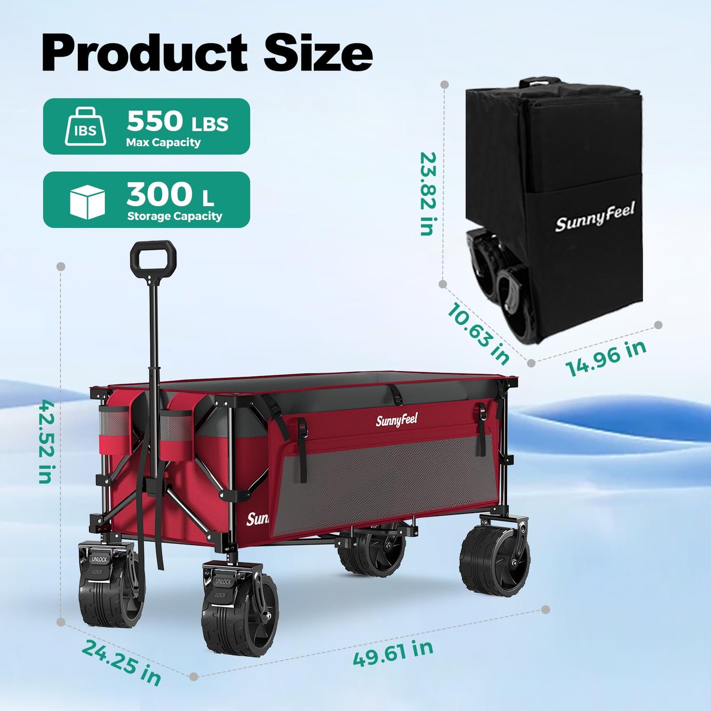 SUNNYFEEL 49" L Foldable Wagon Cart with Big Wheels - 550lbs Heavy Duty Extra Long Collapsible Shopping Cart - Utility Grocery Wagon for Garden Sports Camping Outdoor Activities (Red)