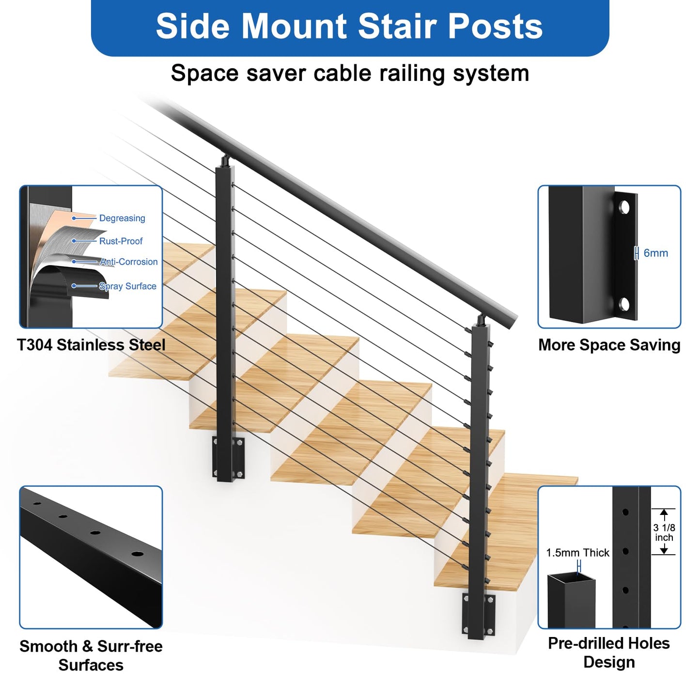 PLANTOP 4-12ft Complete Set 36" Side Mount Cable Railing Post for 25-35 Degrees Stair, 2 Pack Black Left Fascia Mount Stair Post, 150ft 1/8" Cable(No Handrail), Swageless Cable Railing Kit, MY10-SP