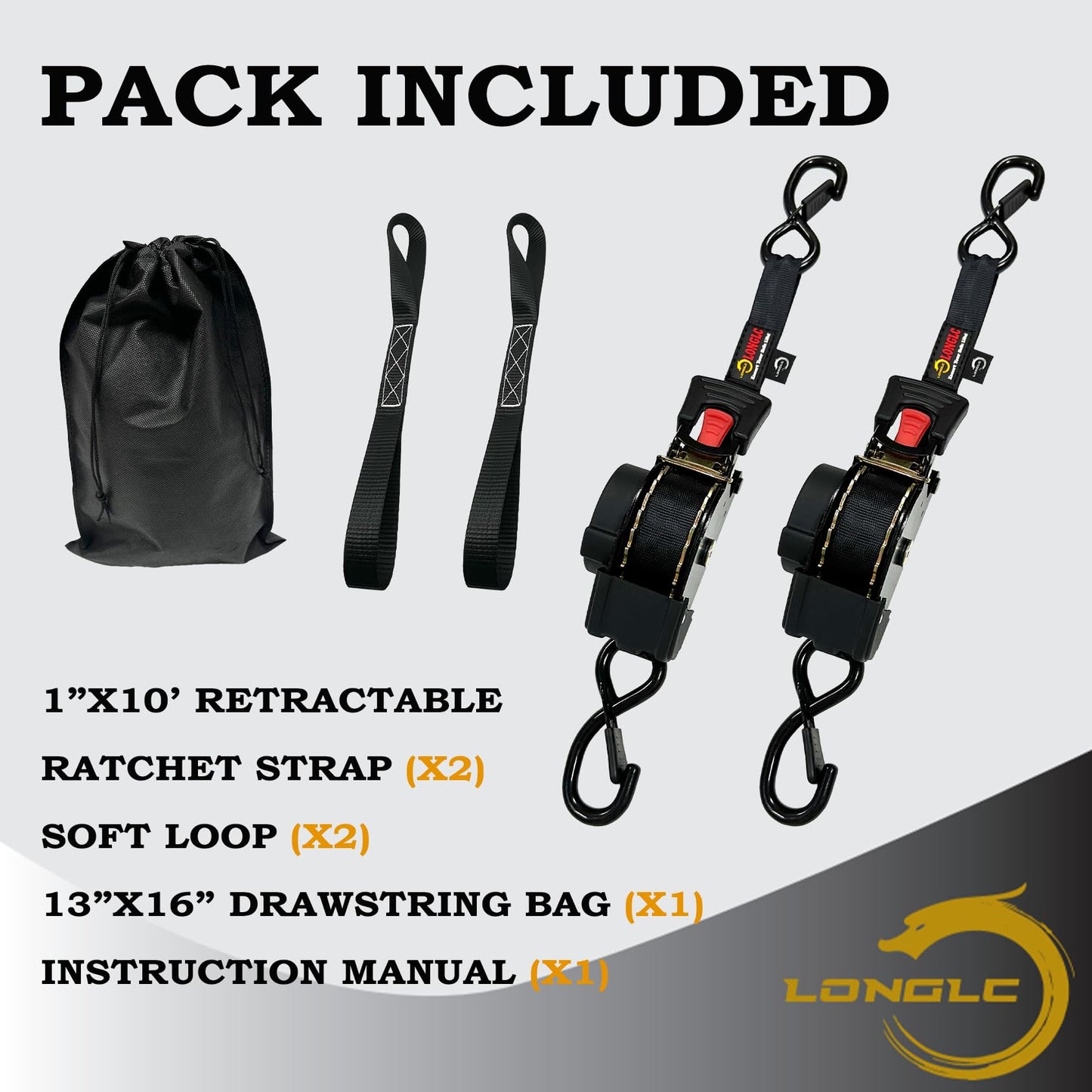 LONGLC 4-Pack Retractable Ratchet Straps Black Heavy Duty - 1 Inch X 10Feet with Soft Loops, 2,000lbs Breaking Strength - Best for Trucks, Cargo Trailer, Motorcycle, Tie Down Straps Ratchet