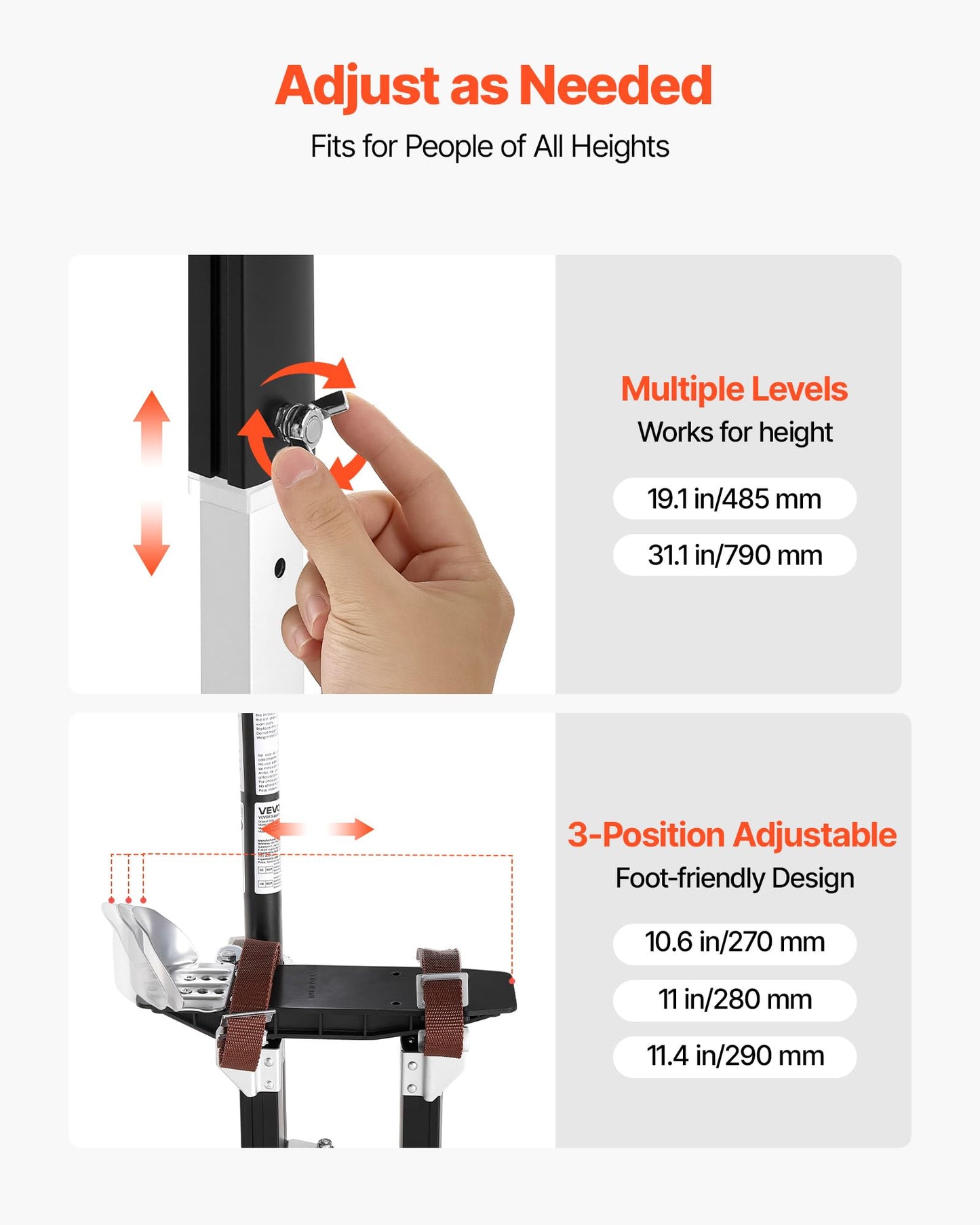 VEVOR Drywall Stilts, 19.1–31.1 in Adjustable Aluminum Painter Stilts, 228 lbs Load Capacity, Non-Slip Rubber Feet, Dual Spring Shock Absorption, Comfortable Leg Straps for Painting, Decoration, Black