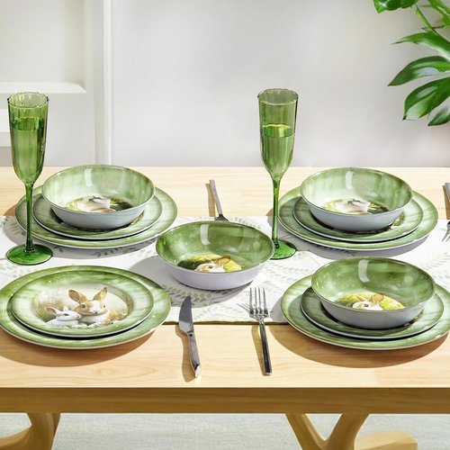 Green Bunny 12-Piece Melamine Dinnerware Set - Lightweight, Shatterproof Plates & Bowls for 4 | Ideal for Picnics & Outdoor Parties