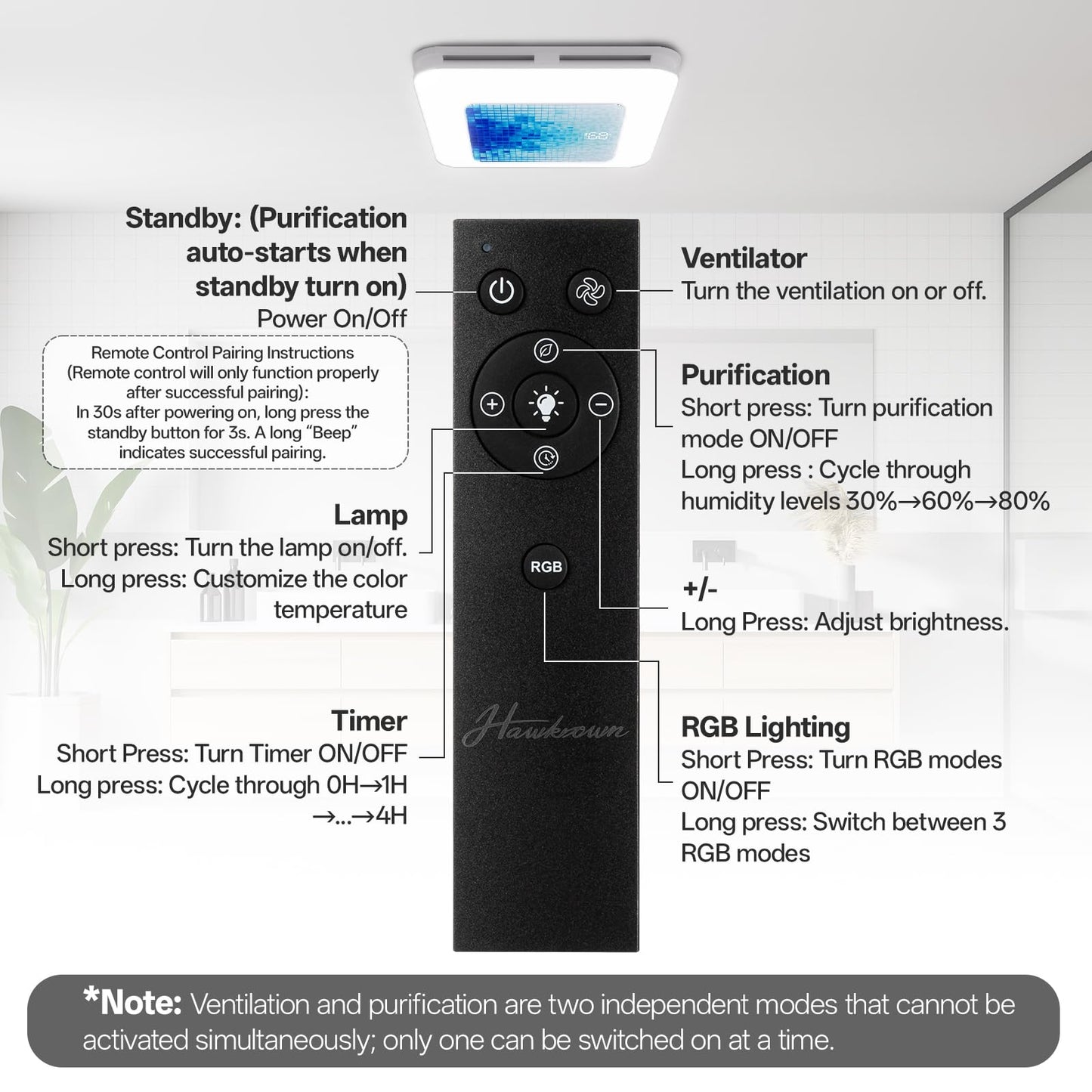 Hawkrown Bathroom Exhaust Fan with Light Humidity Sensor, Bathroom Fan with Odor & Humidity Sensor, 230 CFM 1.0 Sone Venlitation Fan with 3CCT LED Light 7 LED Color, Remote Control Easy Install