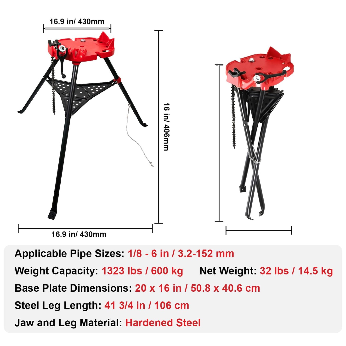 Alwalkee Tripod Pipe Vise Stand, Heavy-Duty 1/8"-6" Capacity, Portable Chain Vise with Tool Tray for Welding & Plumbing