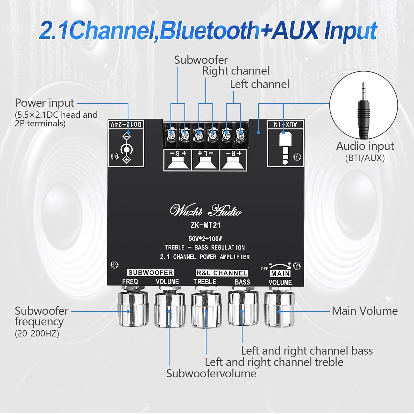 5.0 ZK-MT21 2.1 50W 2 +100W (20-100W, 4-8), 12-24V, Bluetooth Audio Amplifier Board, Channel X Mini Subwoofer Power Amp