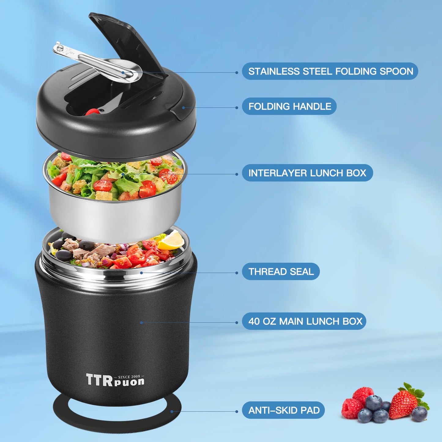 Insulated Food Container Soup Thermo for Hot Cold Food Adults 40 OZ, Stainless Steel lunch box, Wide Mouth Thermo Jar with Folding Spoon and Handle (BLACK)