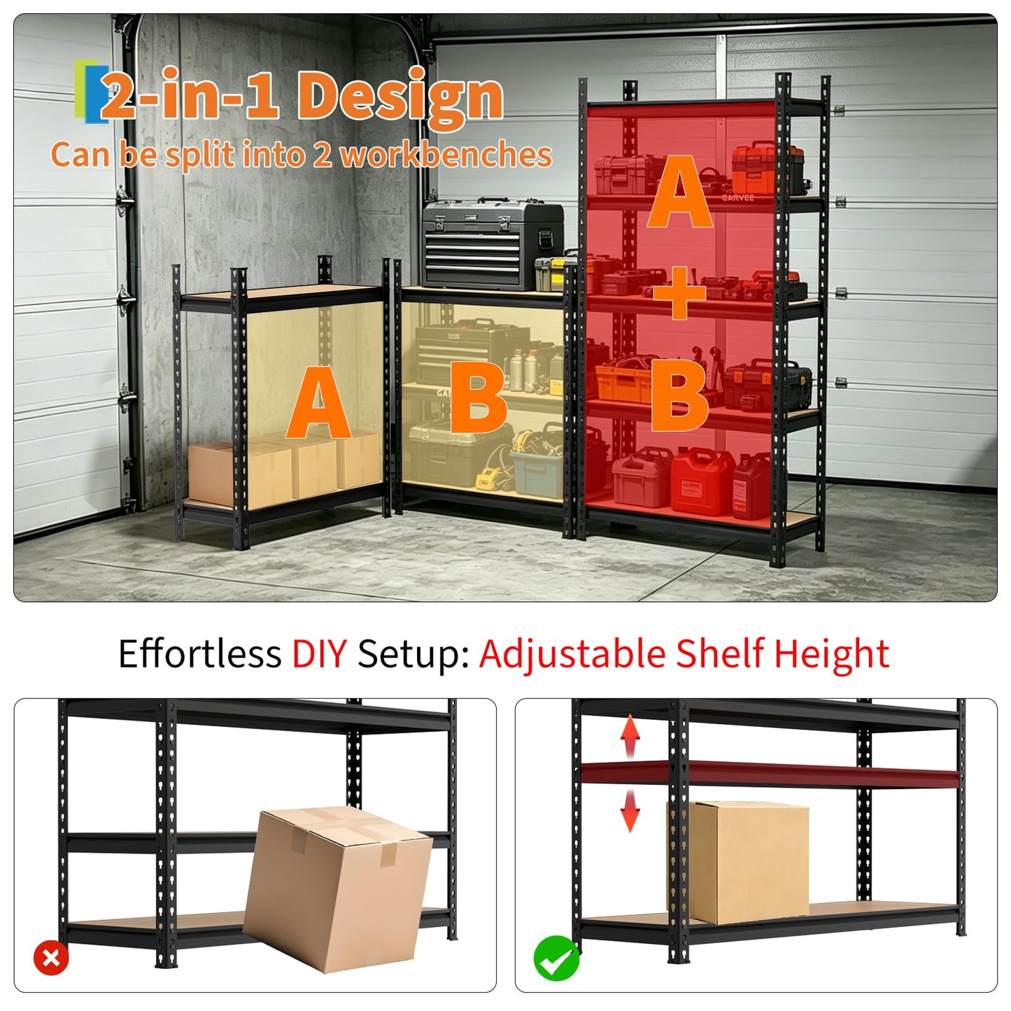 Garvee 5-Tier Heavy Duty Storage Shelves, 2204 lbs Capacity Adjustable Garage Shelving Unit with MDF Boards, Metal Standing Shelf Organizer for Kitchen, Pantry, Basement - 30" W x 12" D x 60" H