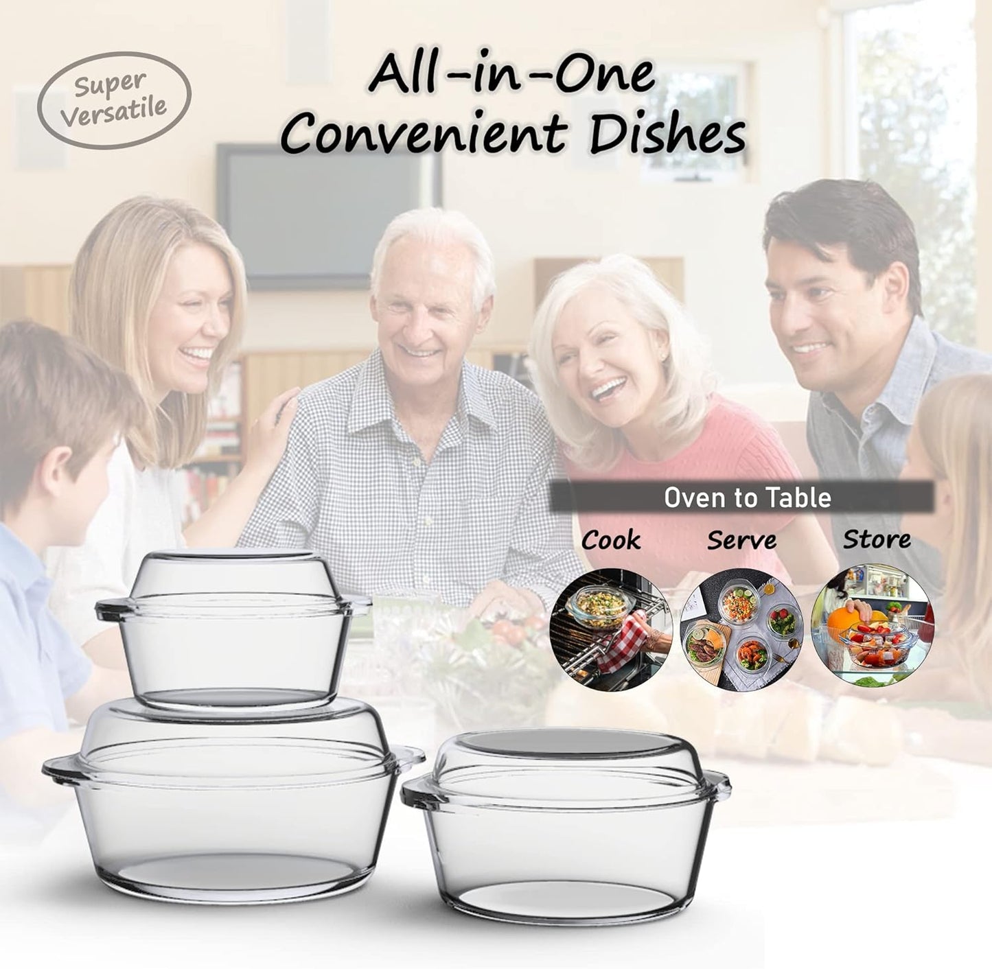 Ums Glass Casserole Set - 6-Piece Borosilicate Bakeware with Lids | Oven & Microwave Safe