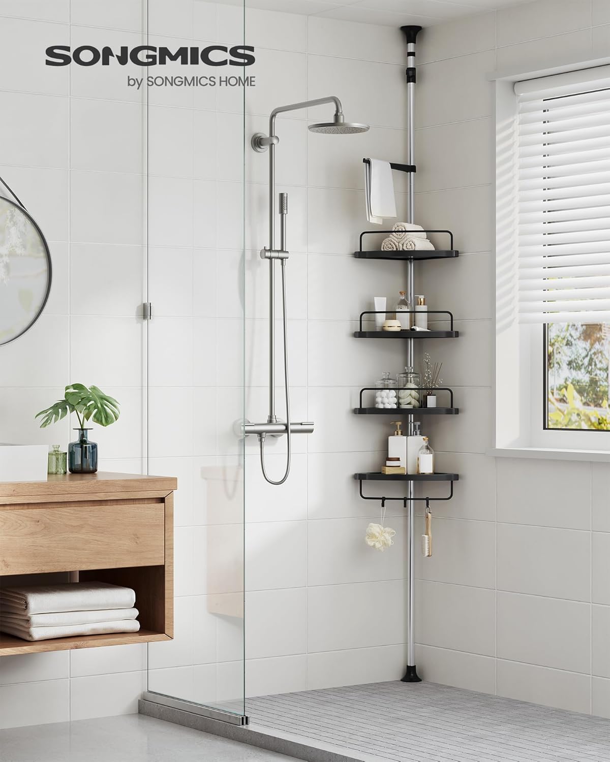 SONGMICS Corner Shower Caddy - 4-Tier Rust-Resistant Organizer | Height Adjustable, Drill-Free, Ink Black, 35.8 to 118.1 Inches