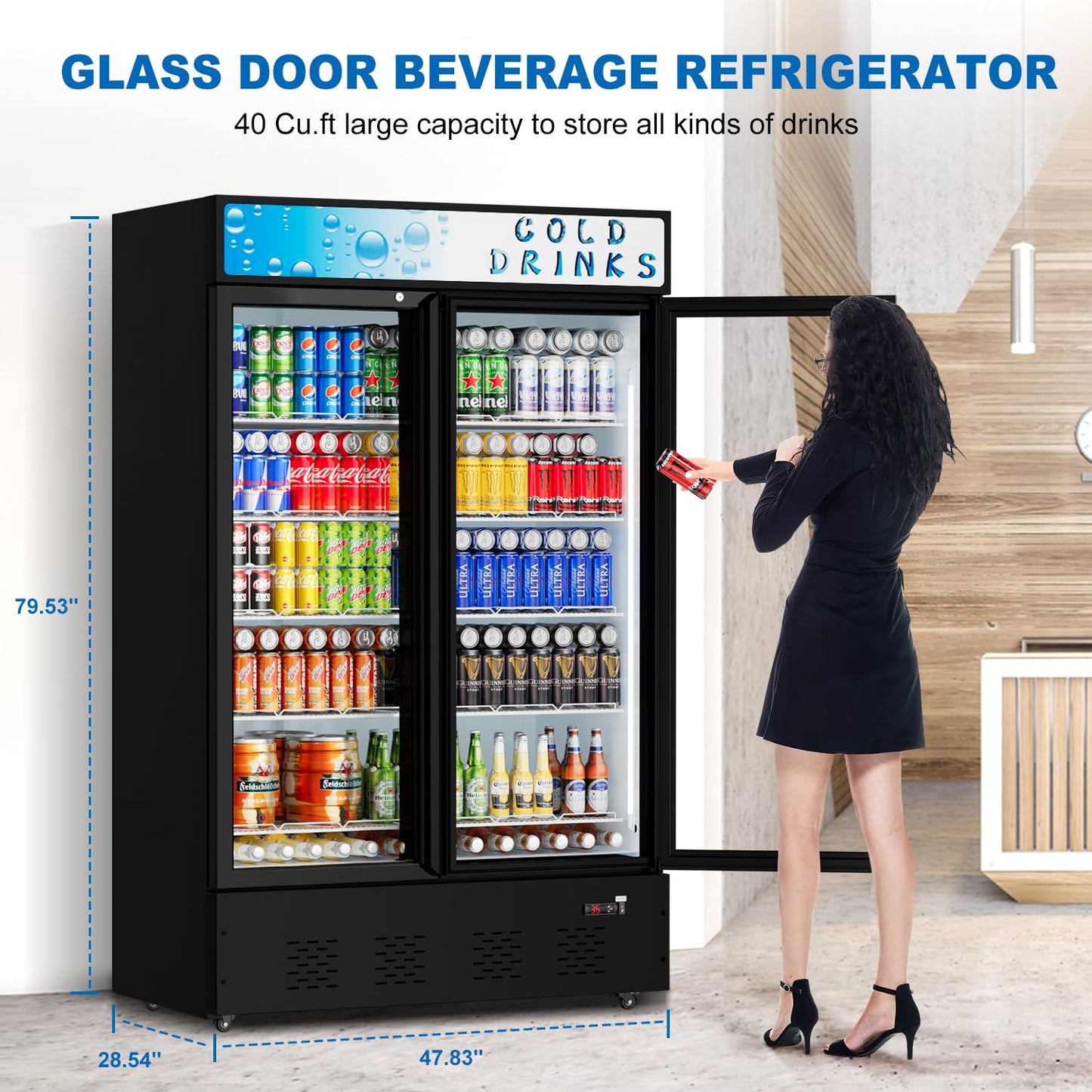 Ferueo Commercial Beverage Refrigerator, 40 Cu.ft.Display Fridge Glass Door Upright Display Door with Adjustable Shelves LED Light for Restaurant,Grocery Stores,Office