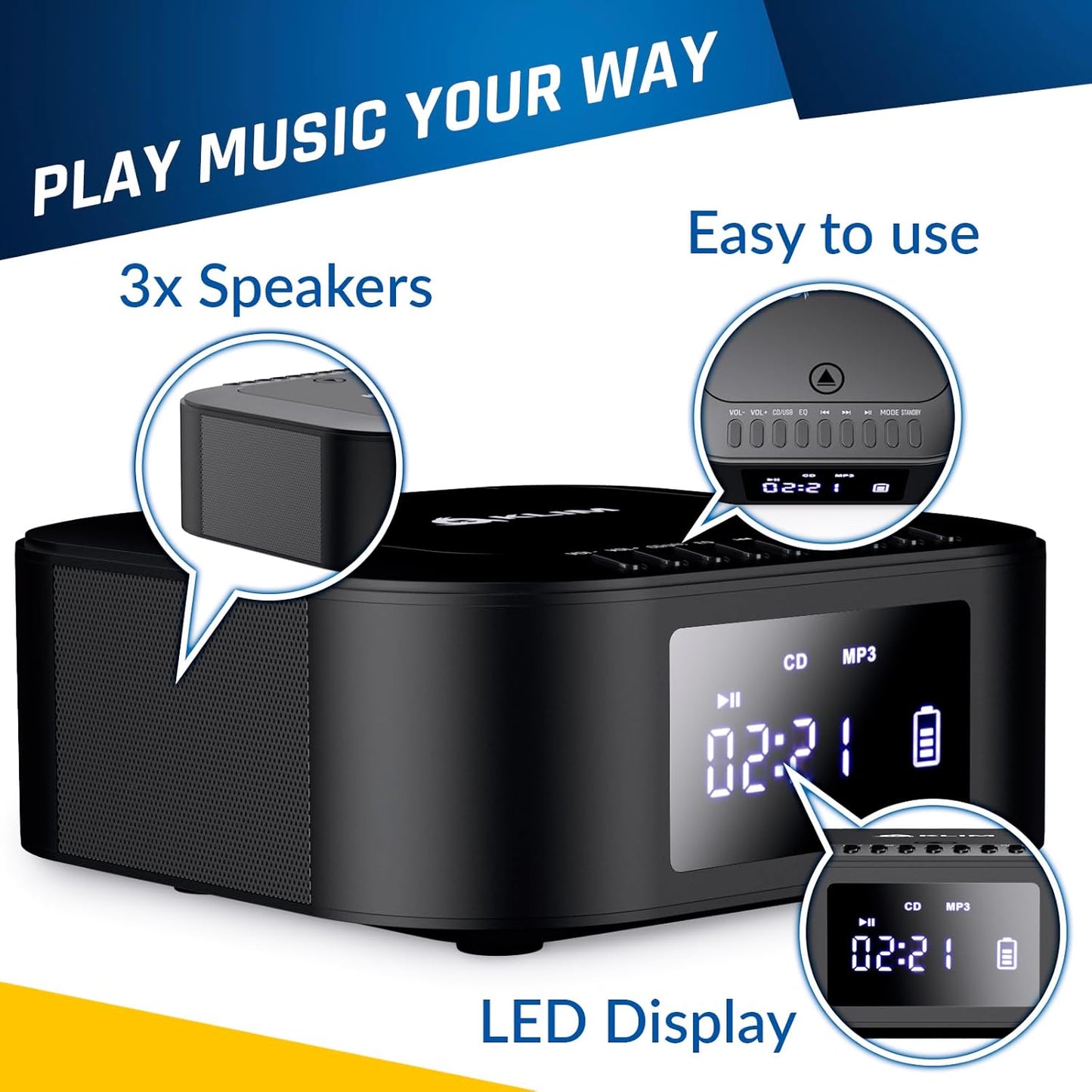 KLIM E1 MP3 Boombox with CD case - CD Player Portable Audio System + Extra BASS with Subwoofer + FM Radio, Bluetooth