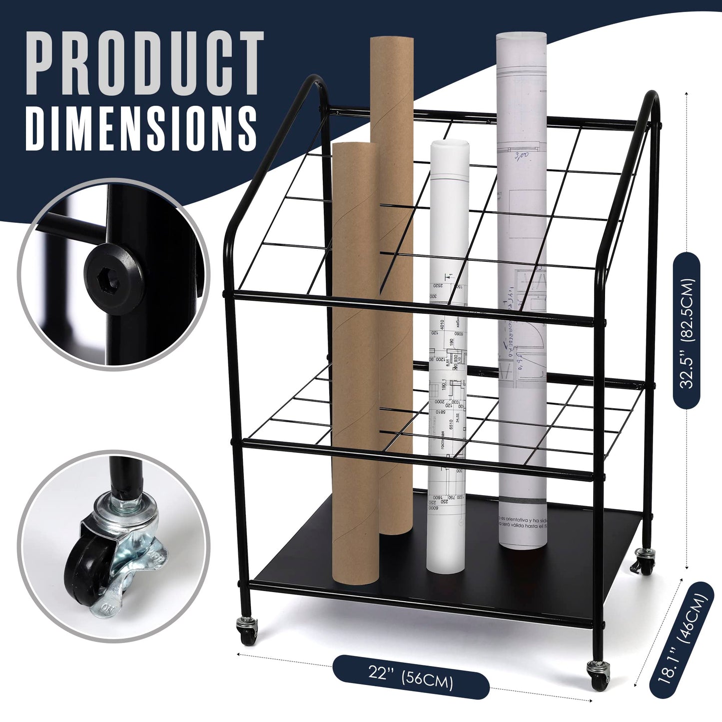 Houseables Blueprint Holder, Blueprint Storage, Construction Plan Holder, Storage Rack, Print Rack, Map Cabinet, Poster Display, Blue Print Organizer On Wheels, Architect, Paper, Tube, 20 Slot Cart